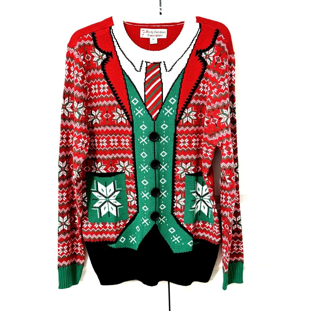 NEW UGLY HOLIDAY SWEATER Men's Sz M Novelty Christmas Suit Necktie Office Party